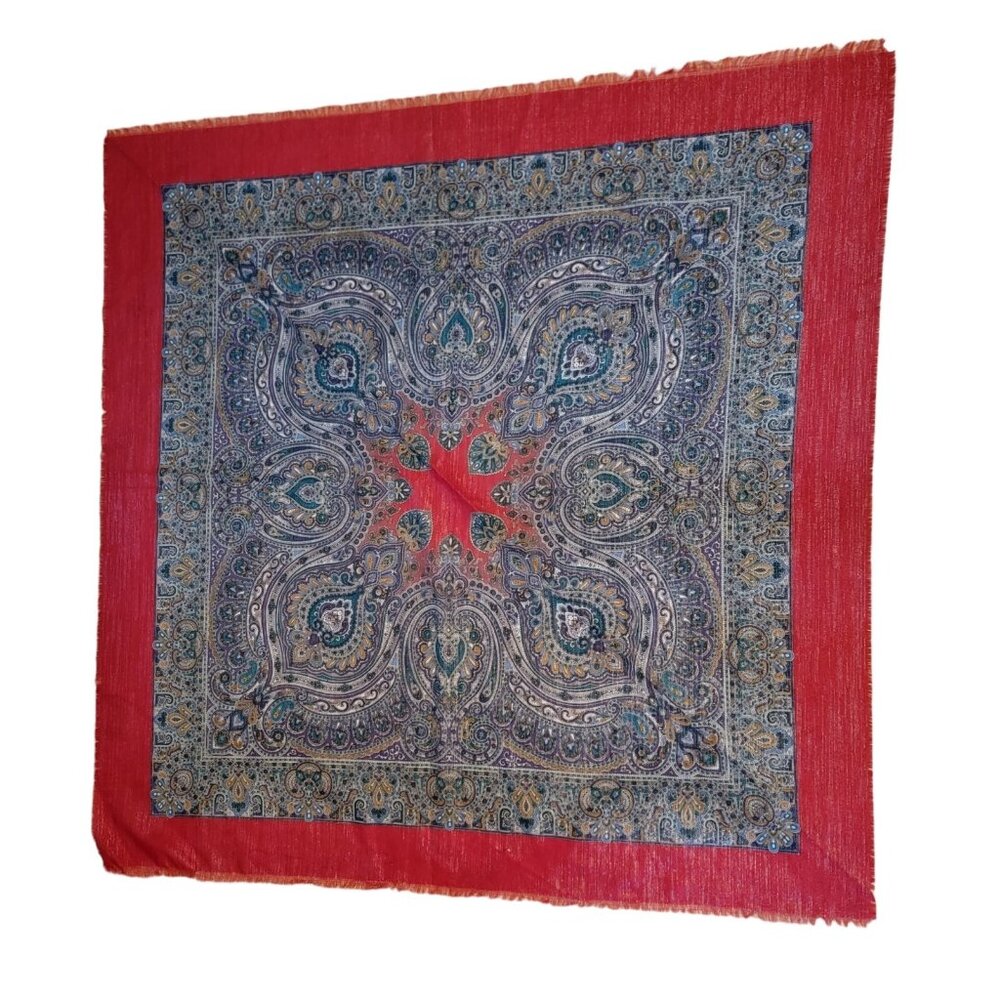Vintage Italian Square Red Paisley Scarf Polyester‎ Lurex 42 Sq